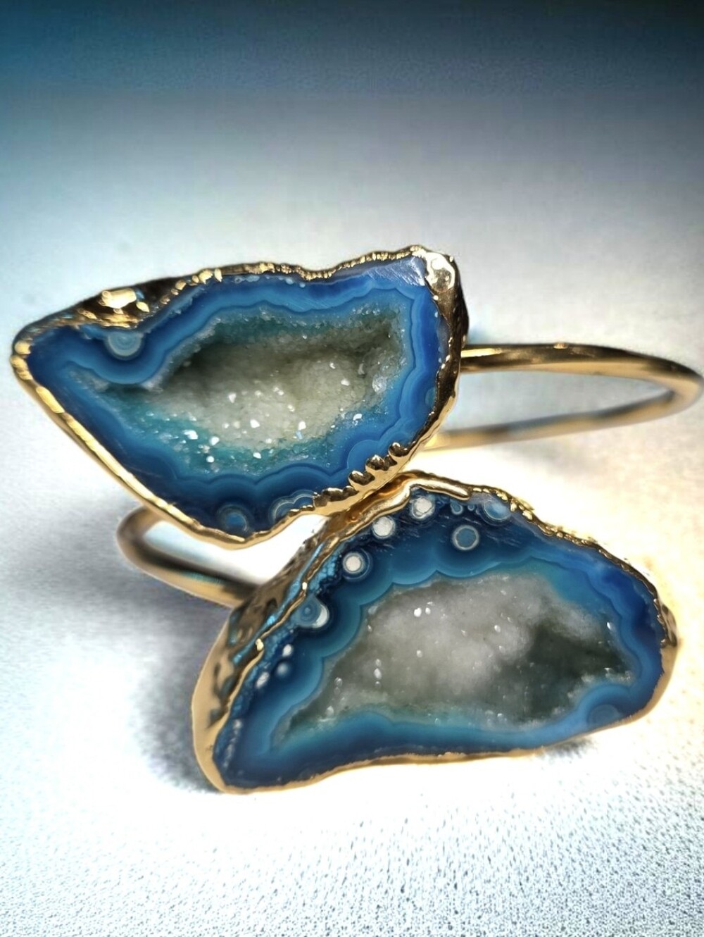 18k Gold Plated Natural Stone Agate Sugar Druzy Geode Wrap Bangle Bracelet